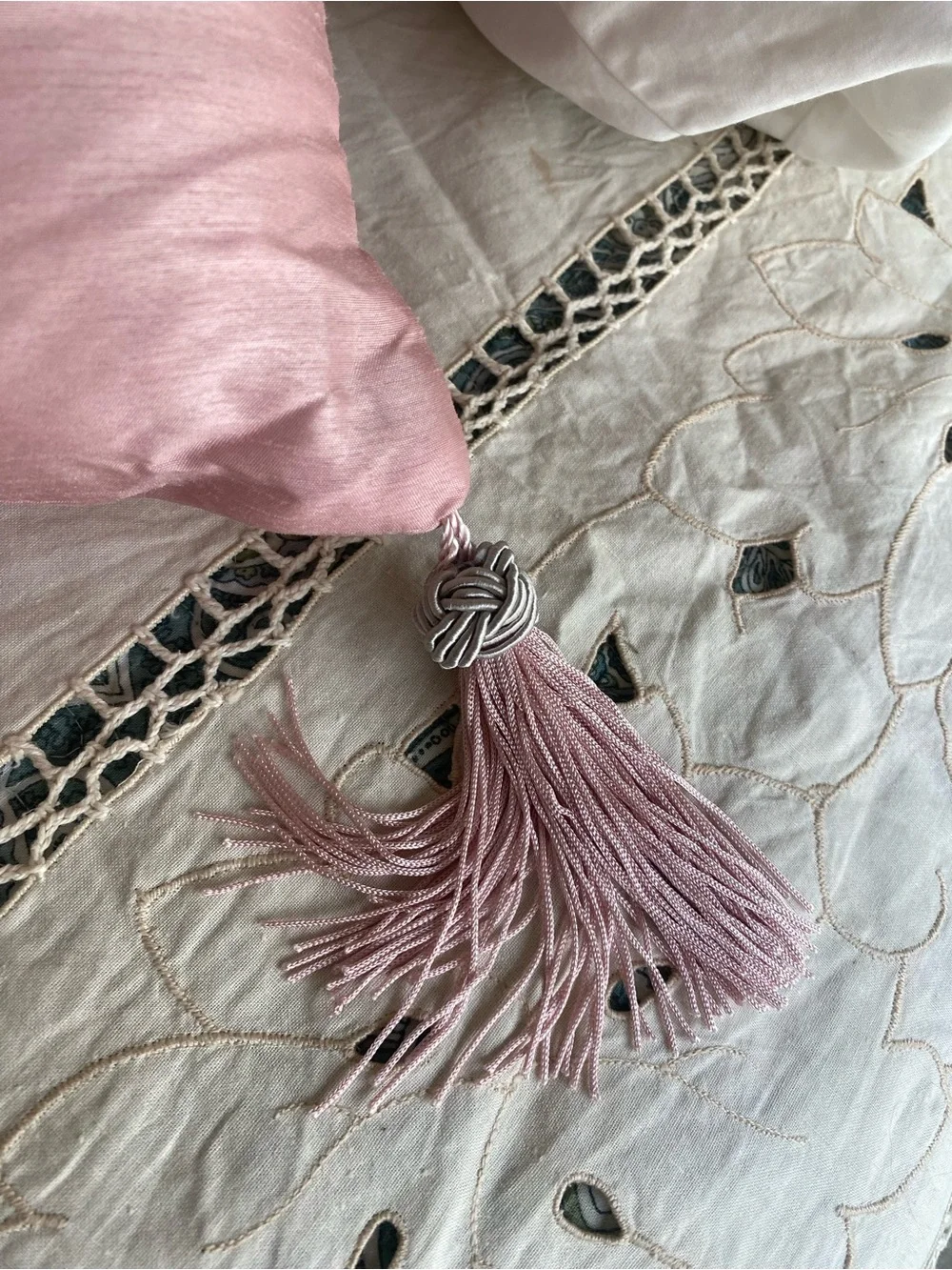 Vintage Pink Silk Accent Pillow w/ silver medallion and tassels 60s 70s